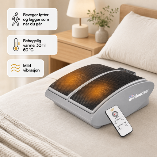 MotionCiser beveger føtter og legger som når du går, med behagelig varme på 30–50 °C og mild vibrasjon
